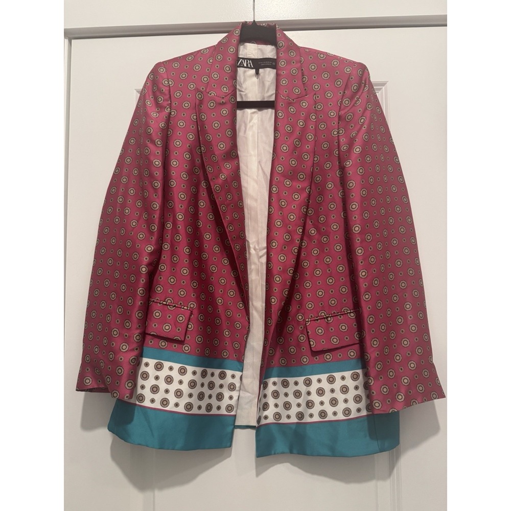 ZARA Printed Satin Blazer Women XS Pink Blue Geometric Longline Jacket 3215/208 - Picture 2 of 10